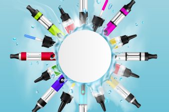 Colored realistic vaping frame background with big white circle at the center of composition and light blue fond vector illustration