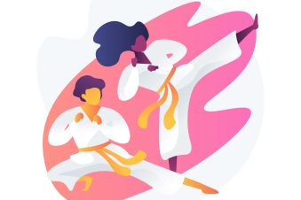 Martial arts school. Karate kick and stance. Kungfu training. Taekwondo practice, jiu jitsu athletes, judo class. Fighters in kimonos. Physical activity. Vector isolated concept metaphor illustration.